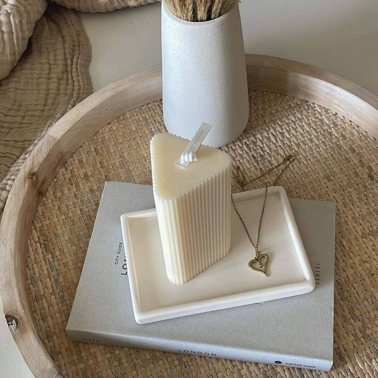 Small Ribbed Triangular Pillar Soy Candle | Handmade Decor: Latte